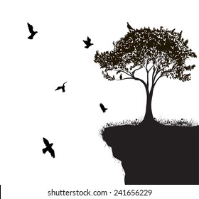 flock of birds fly to the tree growing on the edge of cliff, shadows, black and white