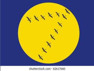 A flock of birds flying across the sky in the background of a large moon.