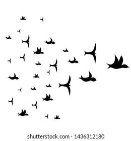 A flock of birds. flying black swallows on a white background. Tattoo, print on t-shirt, autumn, spring, sky.