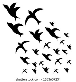 A flock of birds. flying black swallows on a white background. Tattoo, print on t-shirt, autumn, spring, sky.