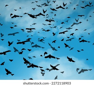a flock of birds flying in the cloudy blue sky