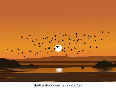 
Flock of birds flying over the beach