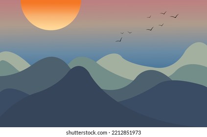 Bloque de pájaros volando sobre las montañas por la mañana. Ilustración vectorial