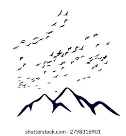 Flock of birds flying over mountains vector illustration. Migrating birds flock silhouette with mountain peak landscape.