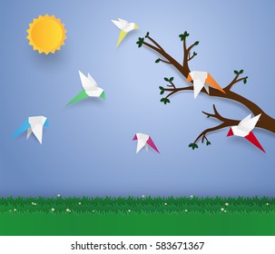 Flock of birds flying  , paper art style