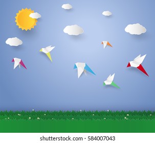 Flock of birds flying  , paper art style