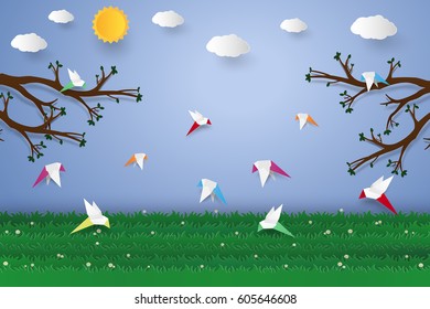 Flock of birds flying , paper art style