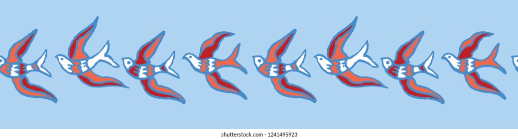 Flock of Birds Flying Seamless Vector Border. Beach Style Seagull Wing Birdies. Repeating Banner Red on Blue Background. Hand Painted Fashion Trim, Blog Edging, Summer Vacation Packaging, Kids Decor.