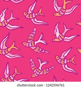 Flock of Birds Flying Seamless Vector Pattern. Beach Style Seagull Wing Birdies. Repeating Purple Pink Background. Hand Drawn for Boho Folk Fashion Prints, Summer Vacation Packaging, Girly Kids Decor.