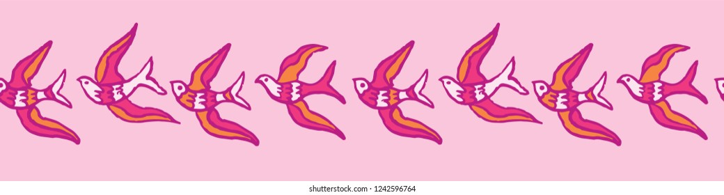 Flock of Birds Flying Seamless Vector Border. Boho Beach Style Seagull Birdies. Repeating Banner Purple Pink Background. Hand Painted Fashion Trim, Blog Edging, Summer Vacation Packaging, Kids Decor.