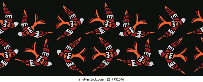 Flock of Birds Flying Seamless Vector Border. Boho Style Seagull Birdies. Repeating Banner Black Red Background. Hand Painted Fashion Trim, Blog Edging, Bohemian Folklore Packaging, Hipster Decor.
