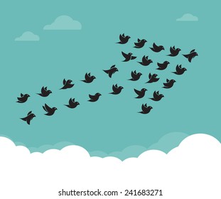 Flock of birds flying in the sky in an arrow, Teamwork concept