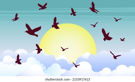 Flock of birds flying in the sky with clouds and sun. Vector illustration.