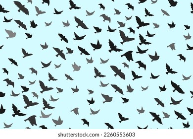 Flock of birds flying in sky seamless pattern. Flying bird silhouette shape boundless wallpaper. Modern trendy fowl sparrow, dove pigeon texture paper. Birds songbird repeat print scrapbook decoration