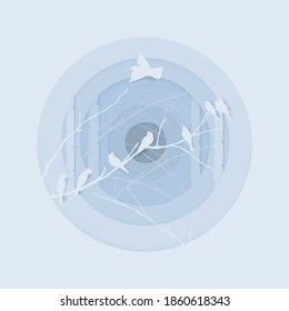 flock of birds in the forest paper art style. flock of sparrows paper cut vector