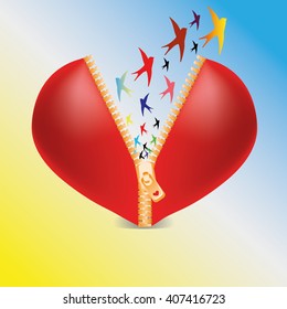 flock of birds heart zipper vector illustration