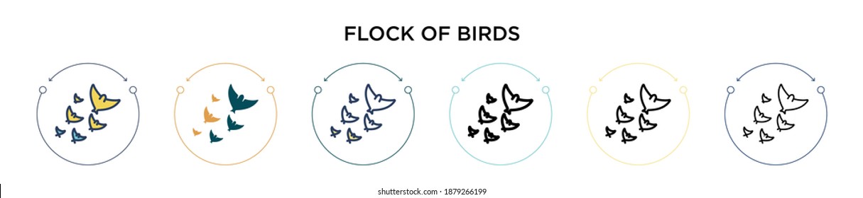 Flock of birds icon in filled, thin line, outline and stroke style. Vector illustration of two colored and black flock of birds vector icons designs can be used for mobile, ui, web