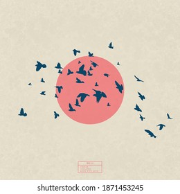 Flock of birds. Isolated silhouettes of flying pigeons. Sumie style