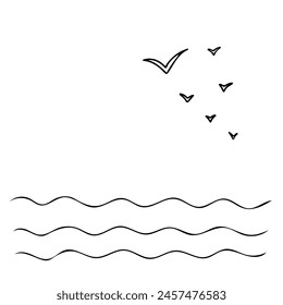 A flock of birds on sea horizon. Vector hand drawn simple illustration, sketch isolated. Ideal for concepts of freedom and journey.