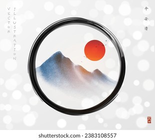 Flock of birds over the mountains and red sun in black enso zen circle on white glowing background. Traditional oriental ink painting sumi-e, u-sin, go-hua. Hieroglyphs - peace, tranquility, clarity