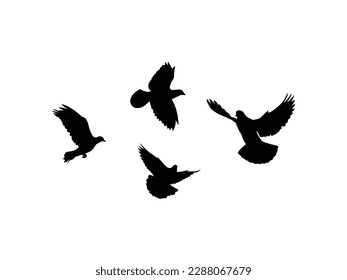 A flock of birds (pigeons) go up. Black silhouette on a white background.Vector black white illustration Vector, isolated silhouette of bird set.vector set of silhouette birds, pigeons, fly.