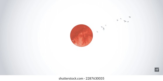 Flock of birds and red sun, symbol of Japan on white background. Traditional oriental ink painting sumi-e, u-sin, go-hua. Translation of hieroglyph - well-being.