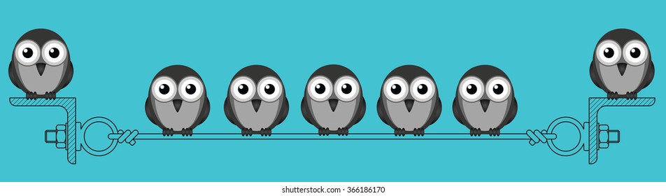 Flock of birds roosting on a steel wire isolated on blue background