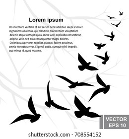 A flock of birds. Silhouette. Card. They're flying. For your design.
