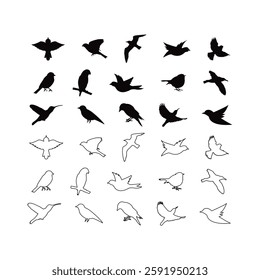 Flock of birds silhouette and line. Vector