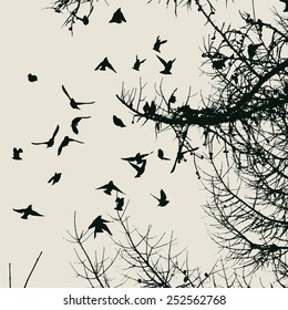 flock of birds and silhouettes of trees. vector illustration.