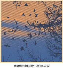 flock of birds and silhouettes of trees. vector illustration.