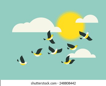 Flock of birds in the sky with clouds and sun.