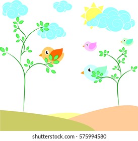 Flock of birds in the sky with clouds and sun.