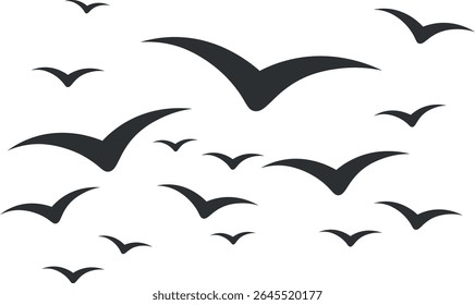 Um bando de pássaros destaca-se contra um fundo claro. As aves são pretas e variam em tamanho, com uma ave maior e mais proeminente no centro.
