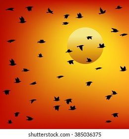 Flock of birds at sunset. Colorful vector. EPS 10.