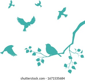 Flock of birds and tree branch