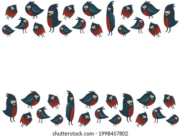 A flock of birds. Unusual and funny painted birds in a cartoon style. Cartoon. Stickers. Design of a postcard, banner, vector illustration in a book.