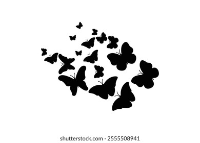 Flock of black butterfly silhouettes flying on white background.