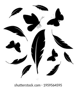 Flock of black feathers and butterflies isolated on white background. Vector