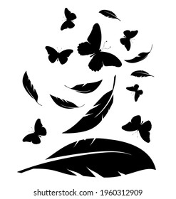 Flock of black feathers and butterflies isolated on white background. Vector
