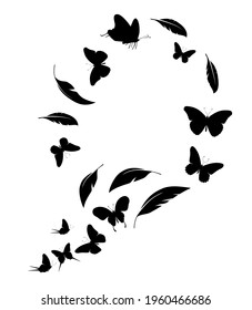 Flock of black feathers and butterflies isolated on white background. Vector