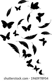 Flock of black feathers and butterflies isolated on white background. Vector