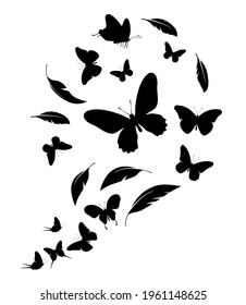 Flock of black feathers and butterflies isolated on white background. Vector
