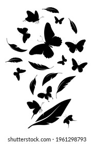 Flock of black feathers and butterflies isolated on white background. Vector