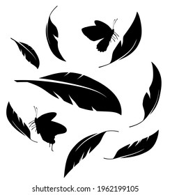Flock of black feathers and butterflies isolated on white background. Vector