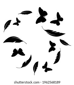 Flock of black feathers and butterflies isolated on white background. Vector