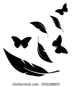 Flock of black feathers and butterflies isolated on white background. Vector