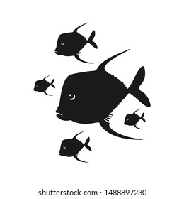 A flock of black fishes isolated on a white background. Vector stock illustration.