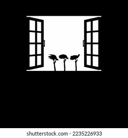 Flock of the Black Vulture Bird on the Window Silhouette. Creepy, Horror, Scary, Mystery, or Crime Illustration. Illustration for Horror Movie or Halloween Poster Design Element. Vector Illustration