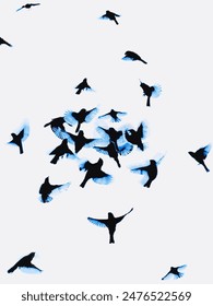 A flock of blue birds in flight against a white background, showcasing the beauty and freedom of nature.